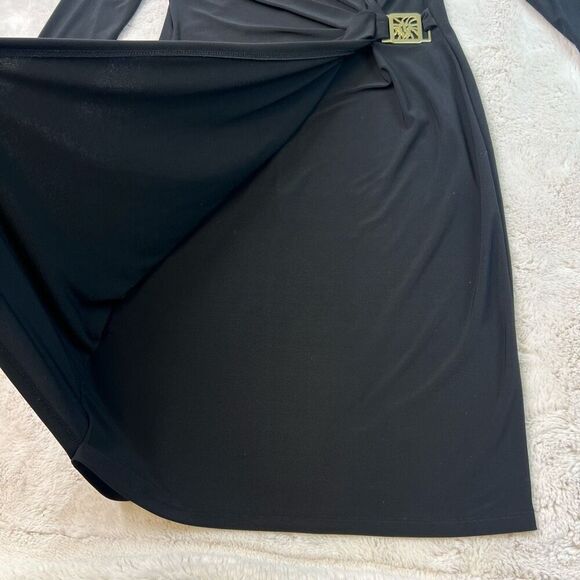 ANNE KLEIN BLACK JERSEY Faux Wrap Drape Sheath Dress Size 10 Deep Vneck Stretchy - Picture 6 of 13